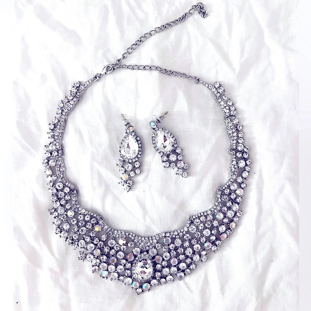 EVER FAITH Rhinestone Crystal Flower Cluster Teardrop Necklace & Earrings Set